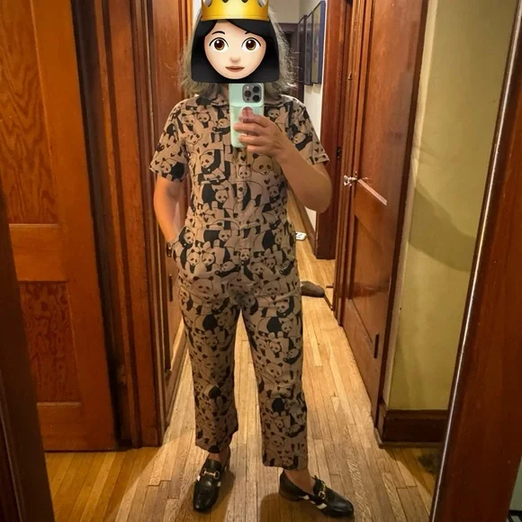 Nooworks Rare Tan/Taupe and Black Panda Pattern Jumpsuit Sz Small - Picture 4 of 14